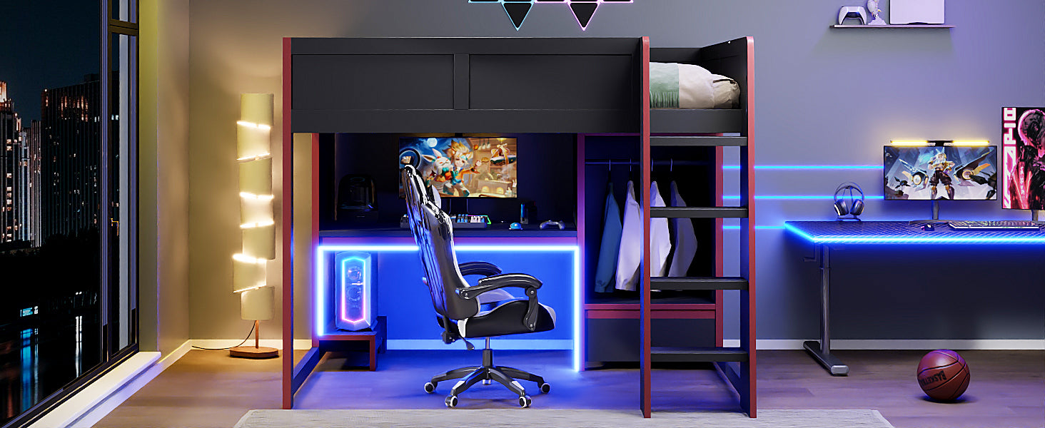 Wood Full Size Gaming Loft Bed with Built-in Desk, Wardrobe, LED and Drawer