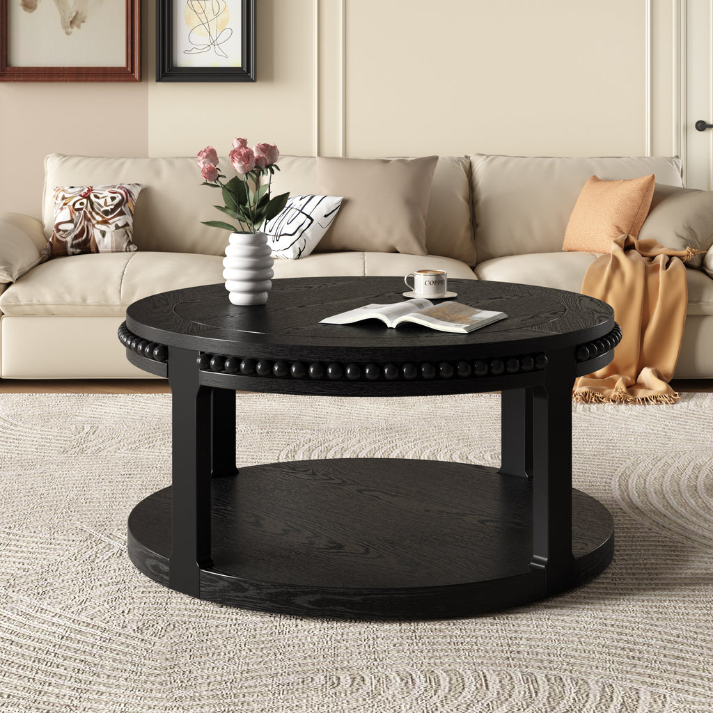 31.5-Inch Round Solid Wood Coffee Table, Two-Tier Open Storage, Black