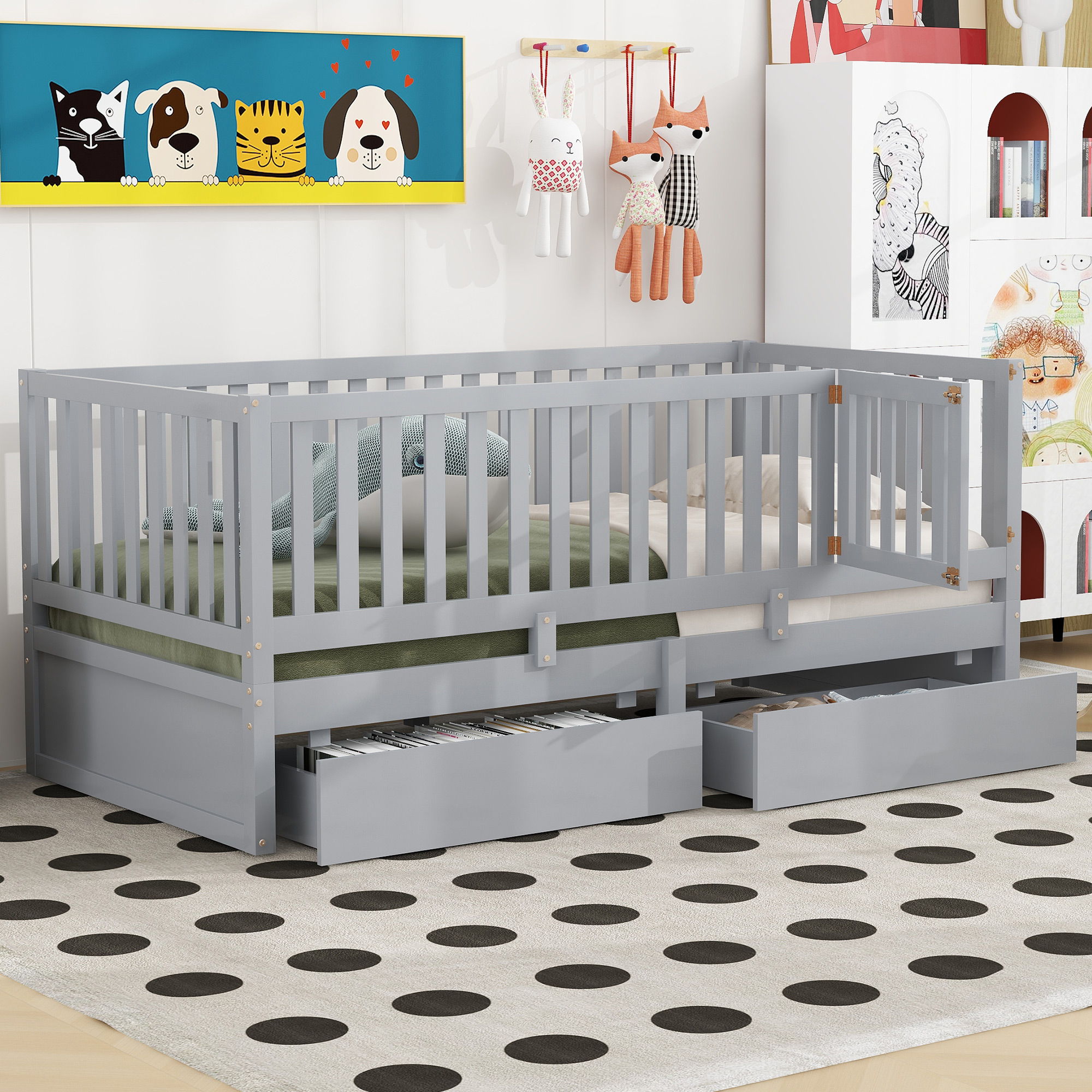 Daybed With Fence Guardrails And 2 Drawers, Split Into Independent Floor Bed & Daybed