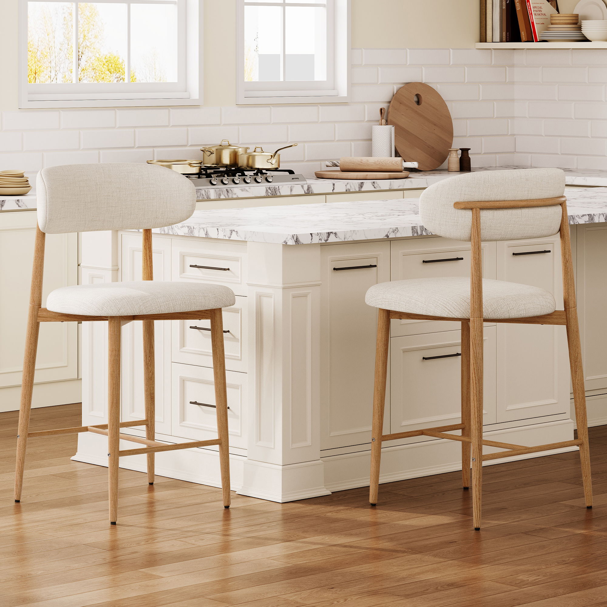Upholstered Counter Height Bar Stools For Kitchen Island (Set of 2) - Beige