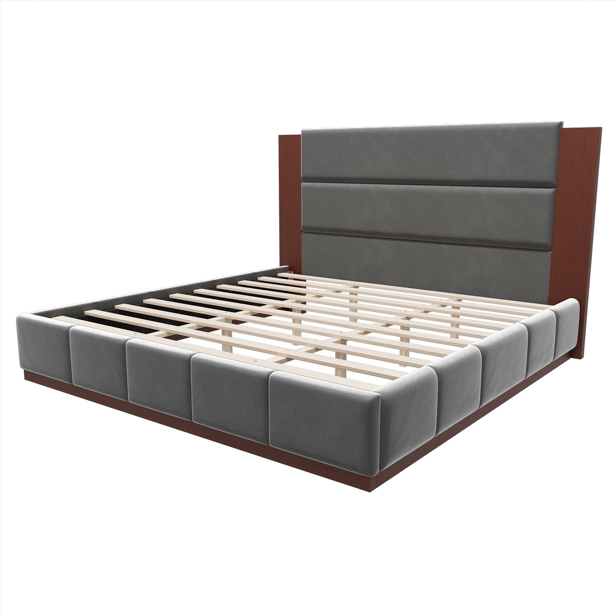 Upholstered Platform Bed Frame with Extended Wood Headboard