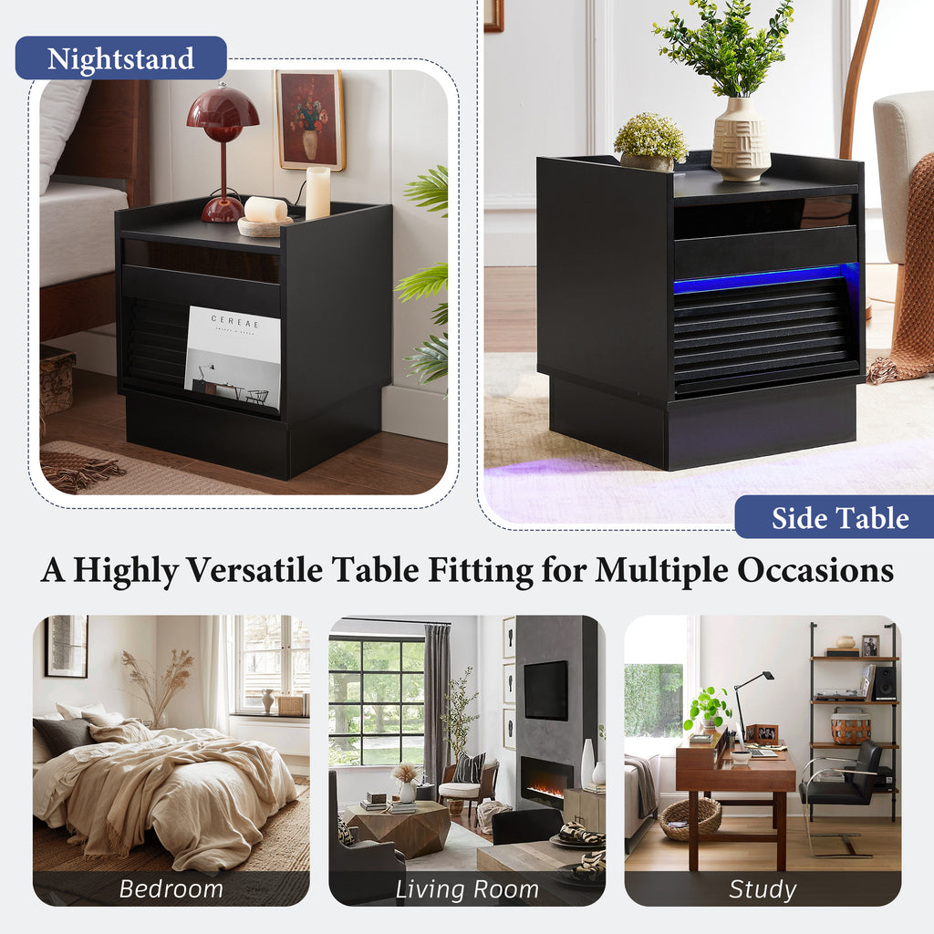 Mid Century Modern Nightstand with Charging Station and LED Lights