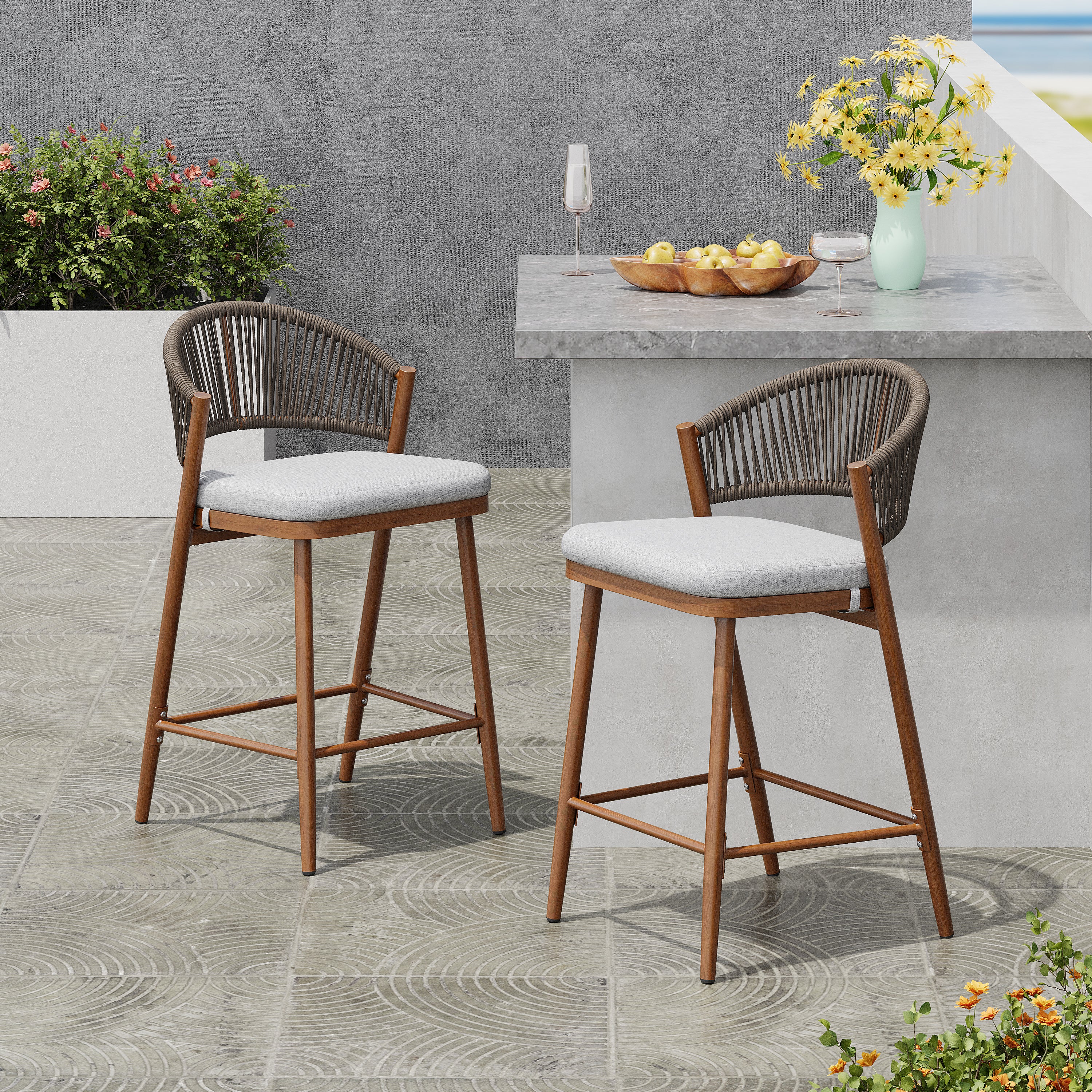 Outdoor 26" Seat Height Aluminum Frame Counter Stools - Set of 2
