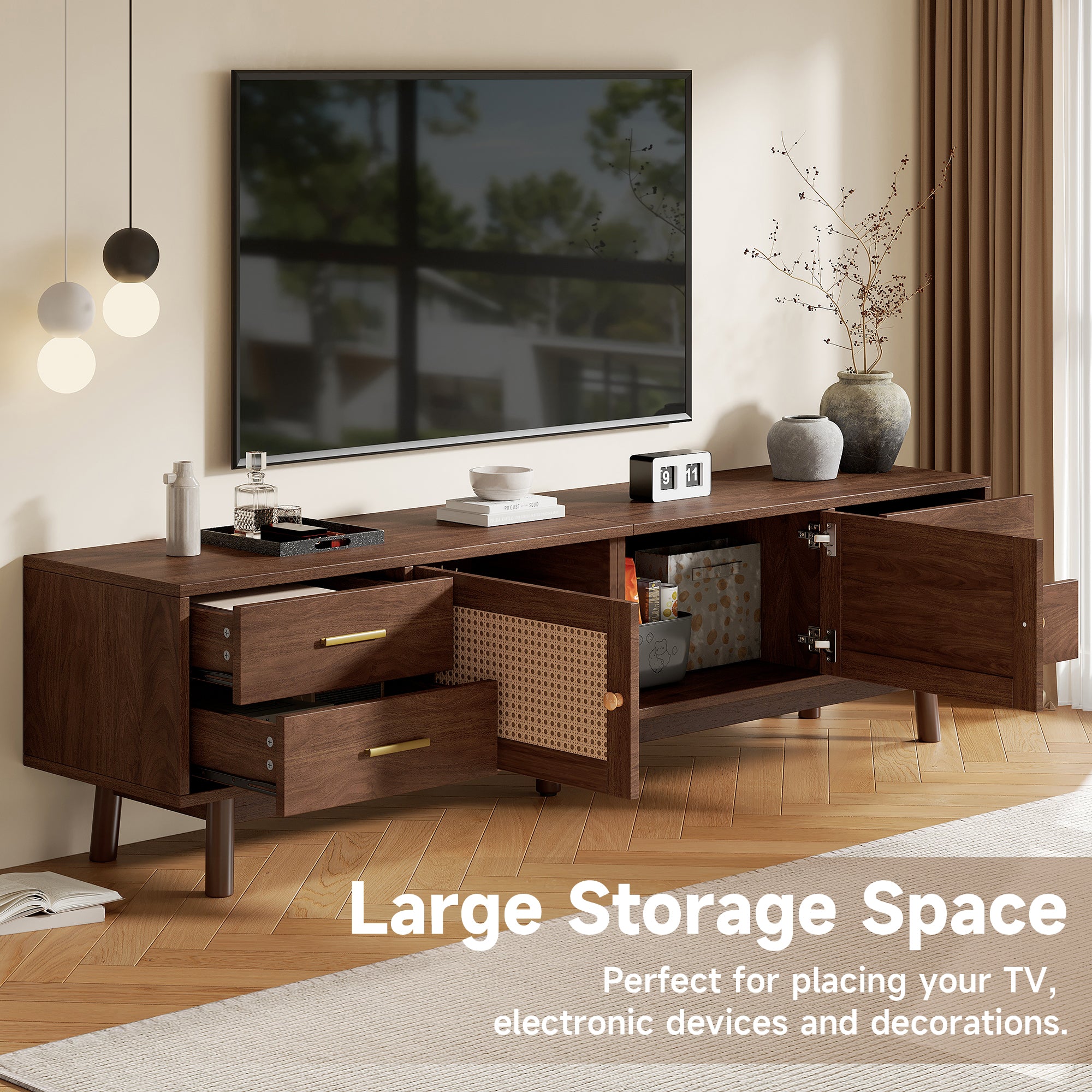 70-Inch Modern TV Stand with Rattan Doors