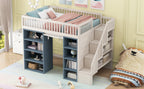 Full Size Loft Bed with 2 Four-layer Storage Cabinets and Curtain