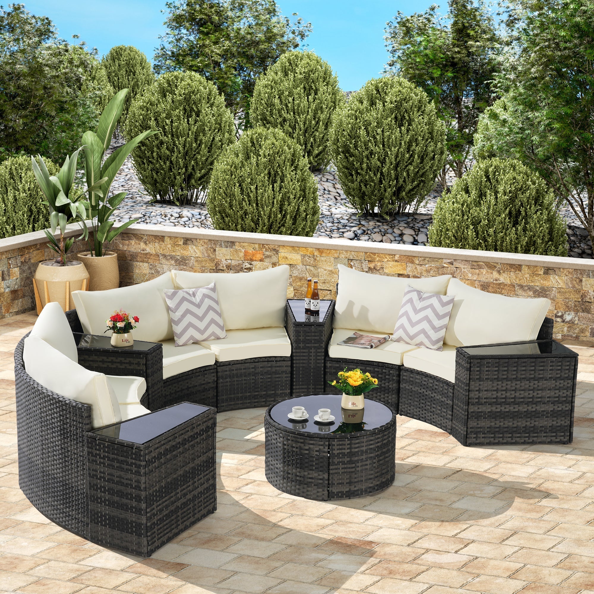 Outdoor Patio Furniture 11-Piece Half-Moon Sectional Round Patio Set Sofa with Tempered Glass Round Coffee Table