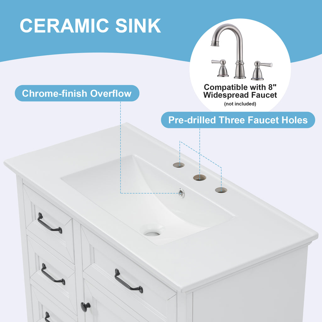 36-Inch Bathroom Vanity with Ceramic Sink Top, 4 Drawers and 1 Soft-Close Door