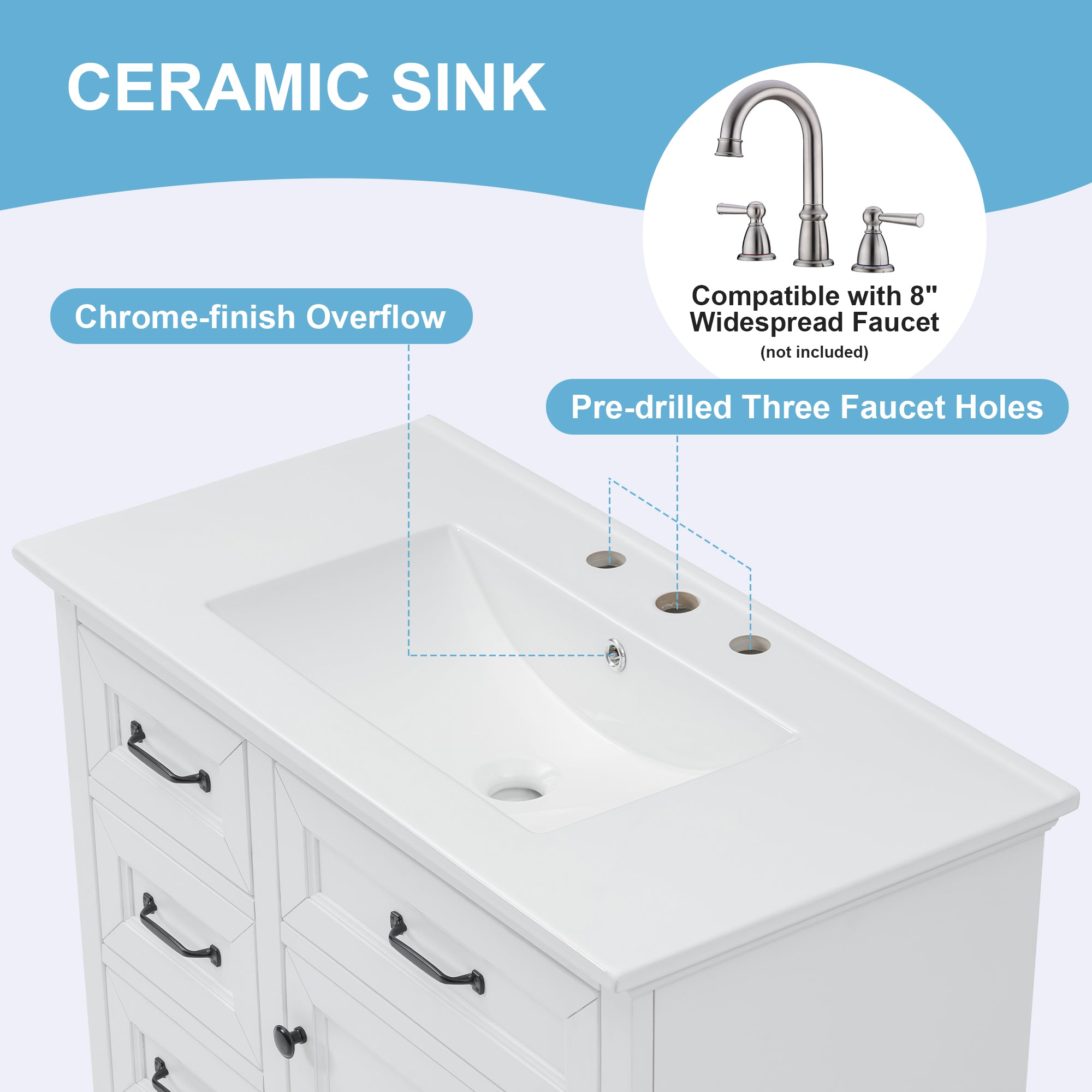 36-Inch Bathroom Vanity with Ceramic Sink Top, 4 Drawers and 1 Soft-Close Door