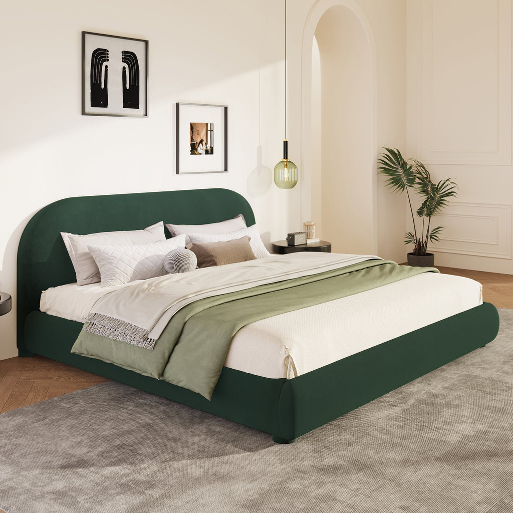 Dark Green Velvet Queen Bed with Curved Headboard
