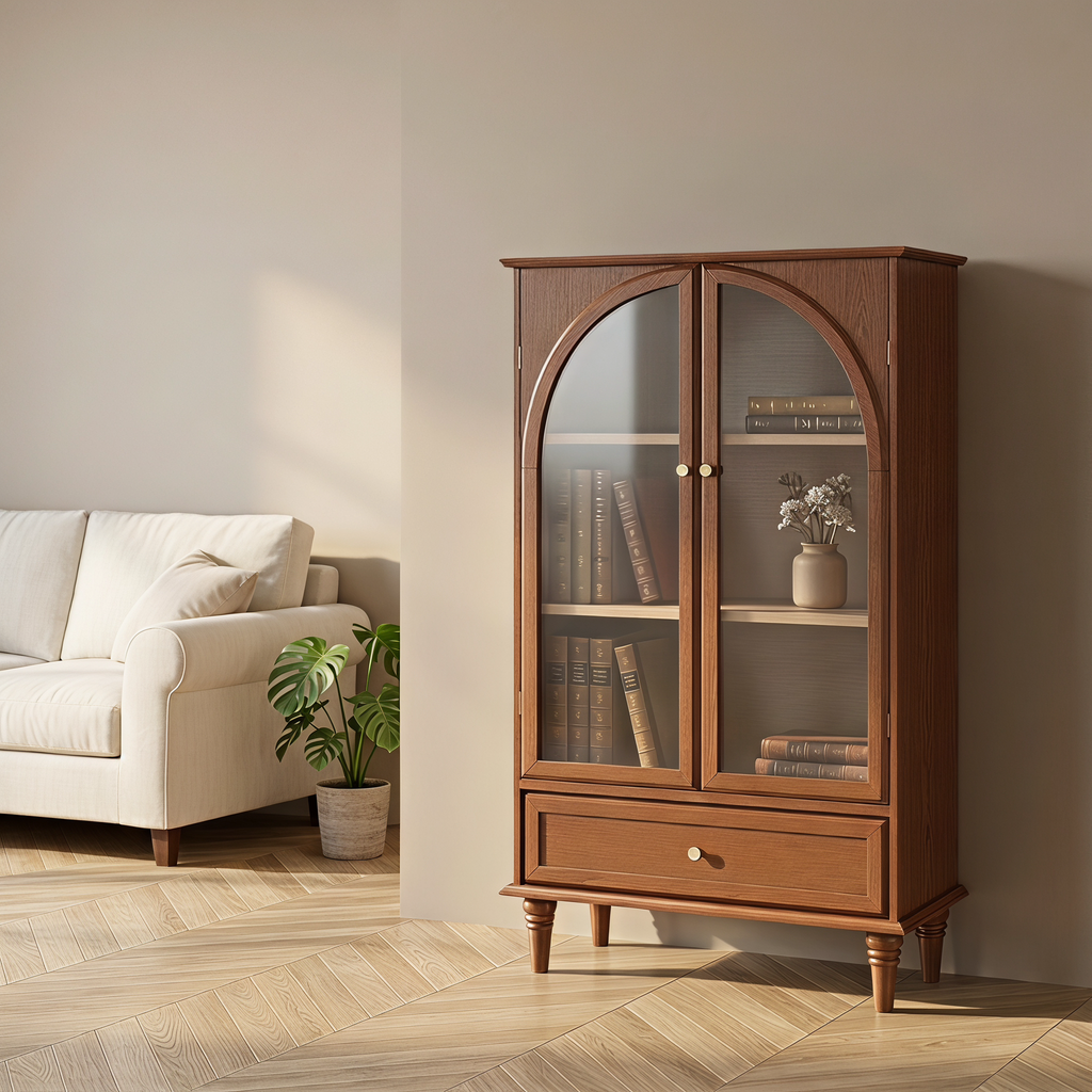 Vintage Farmhouse Arched Glass Accent Cabinet