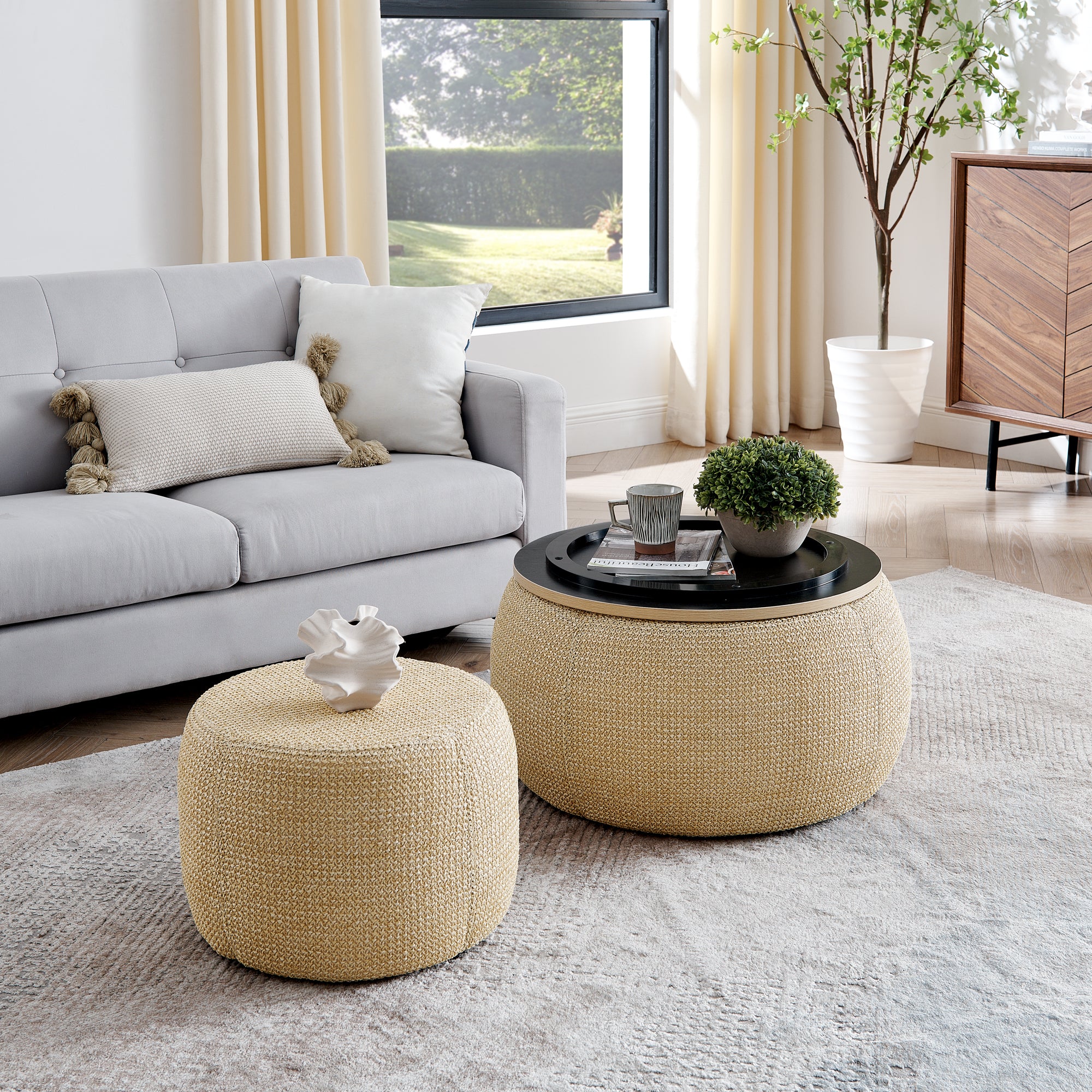 Round Storage Ottoman, Woven Rattan Fabric