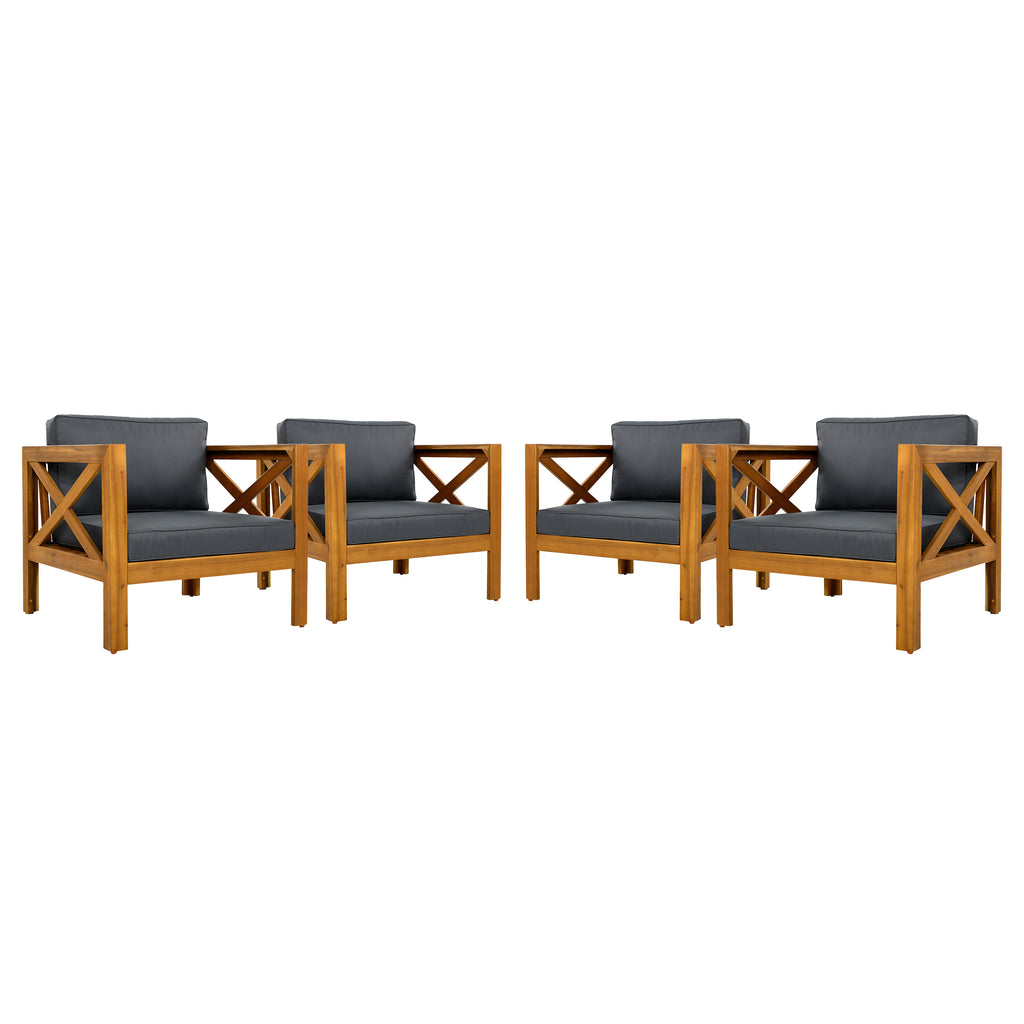 Outdoor Acacia Wood Club Wooden Armchair with Cushions (Set of 4)