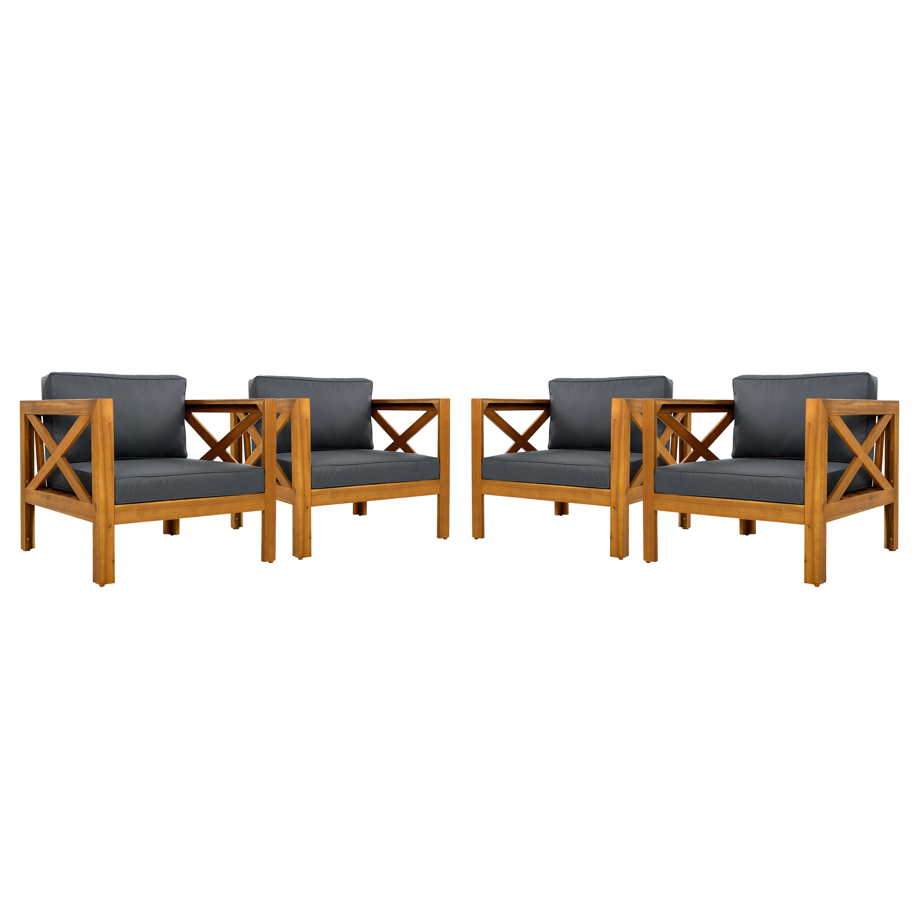 Outdoor Acacia Wood Club Wooden Armchair with Cushions (Set of 4)