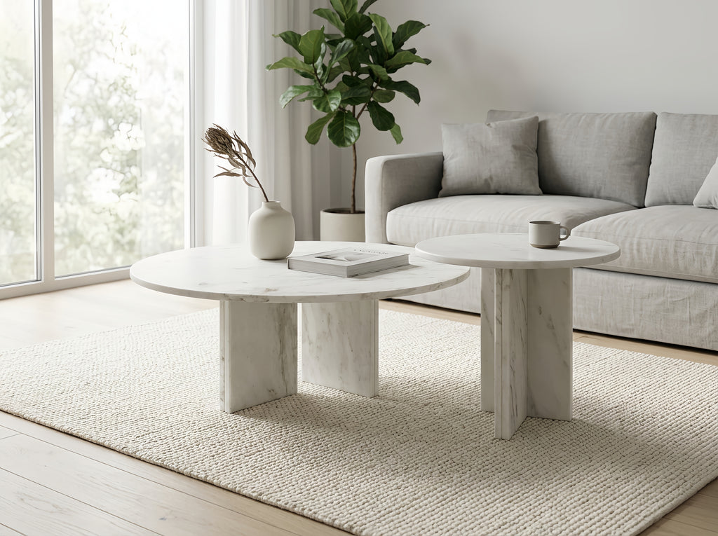White Semi-Polished Marble Round Nesting Table Set of 2