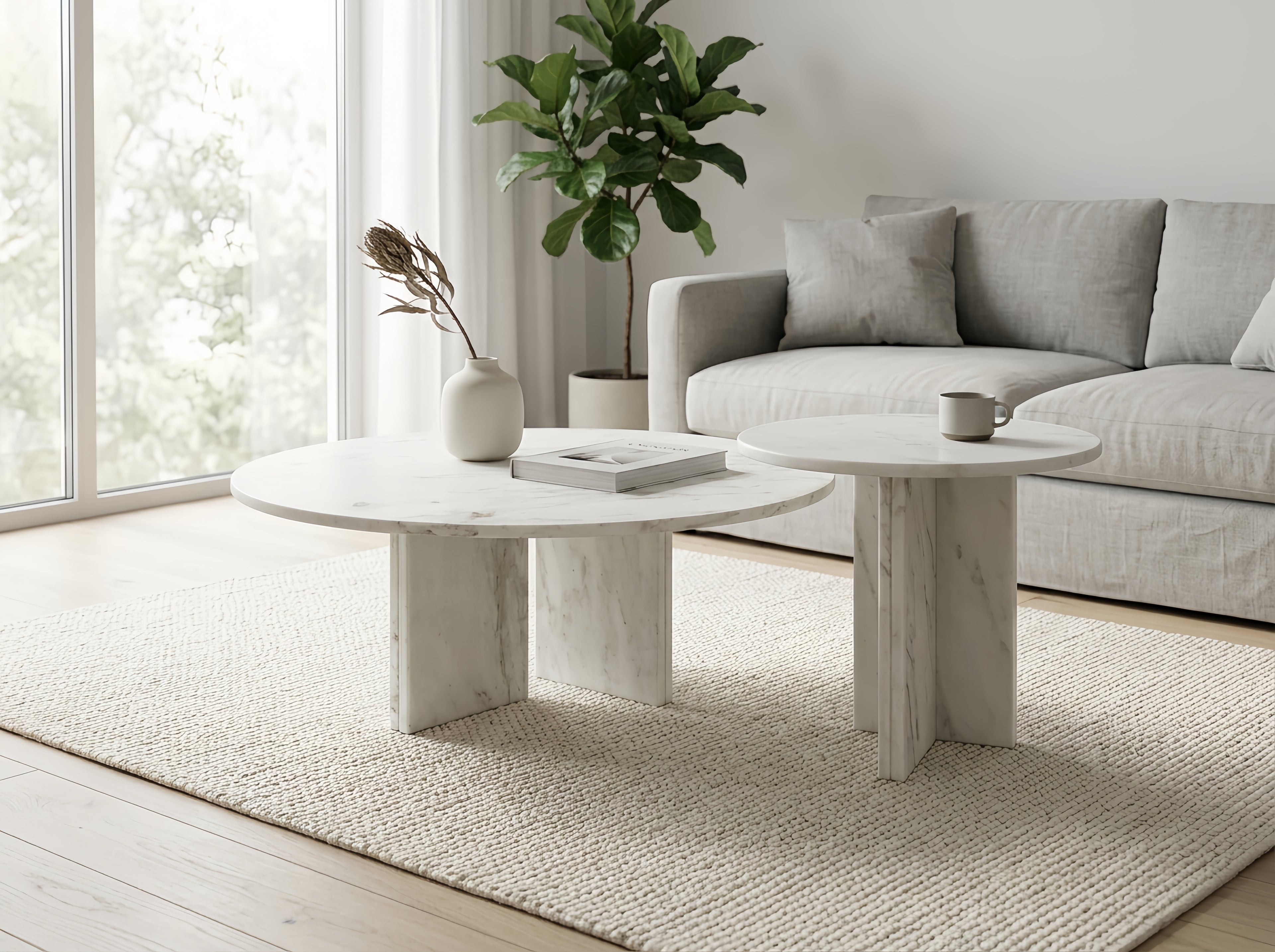 White Semi-Polished Marble Round Nesting Table Set of 2