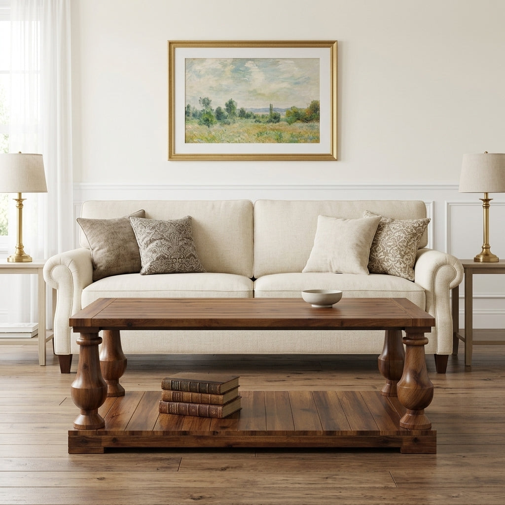Farmhouse Coffee Table with Storage Shelf, Solid Pine Wood, Walnut