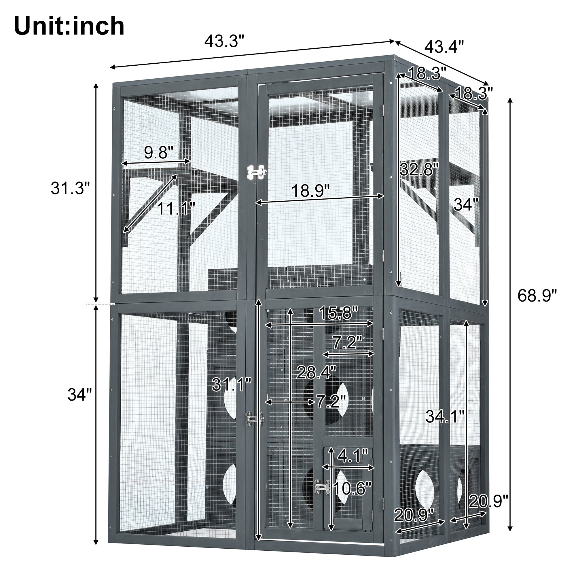 Grey Pine Wood Outdoor Cat House with Shelves and Weather Protection