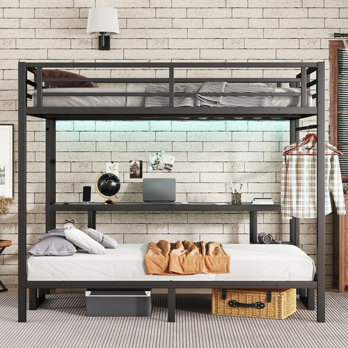 Queen Over Twin XL Metal Bunk Bed with Desk and Shelves