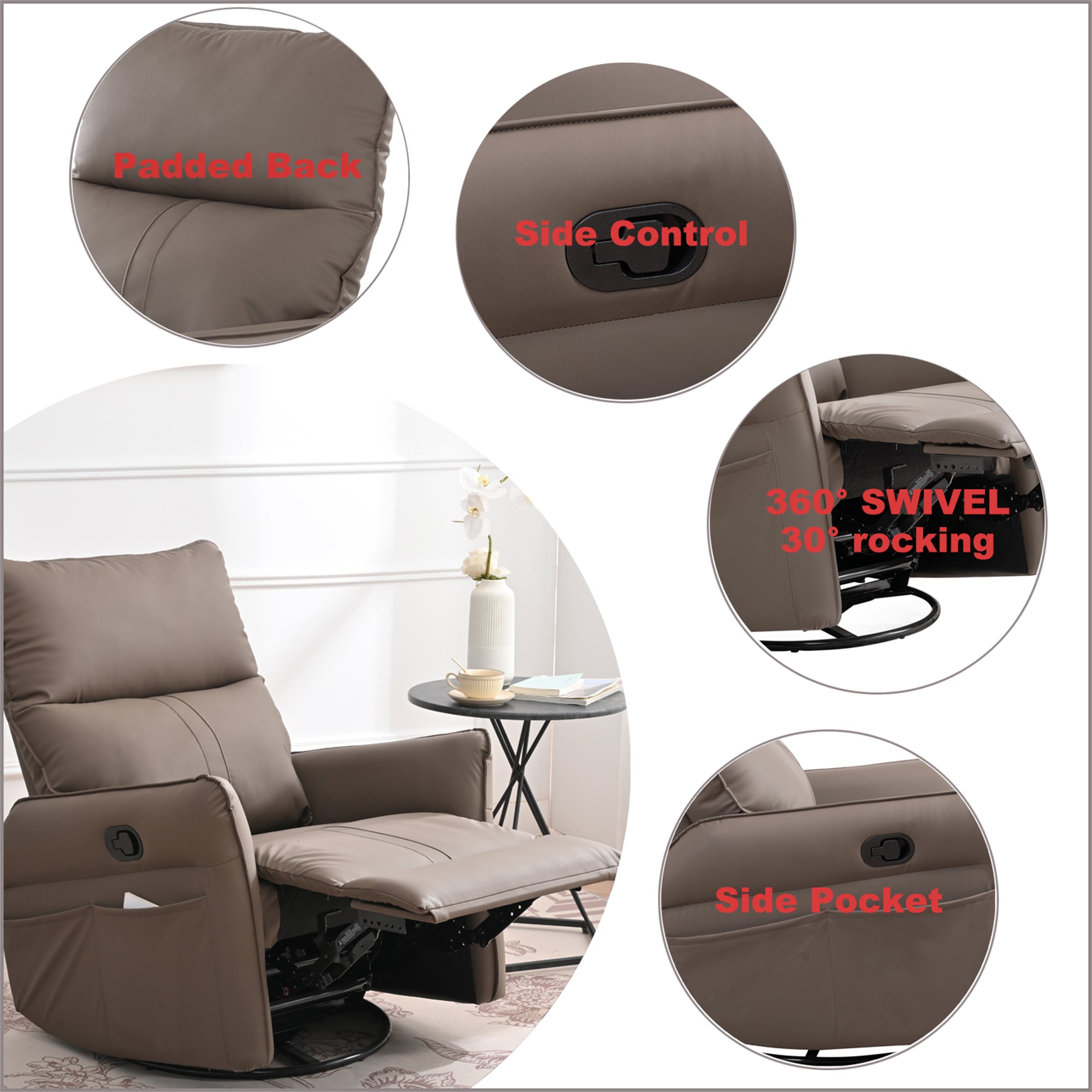 PU Rocking Recliner Chair with 360° Swivel