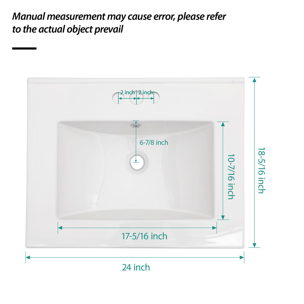 24"x18" White Rectangular Single Vanity Top with Faucet Holes