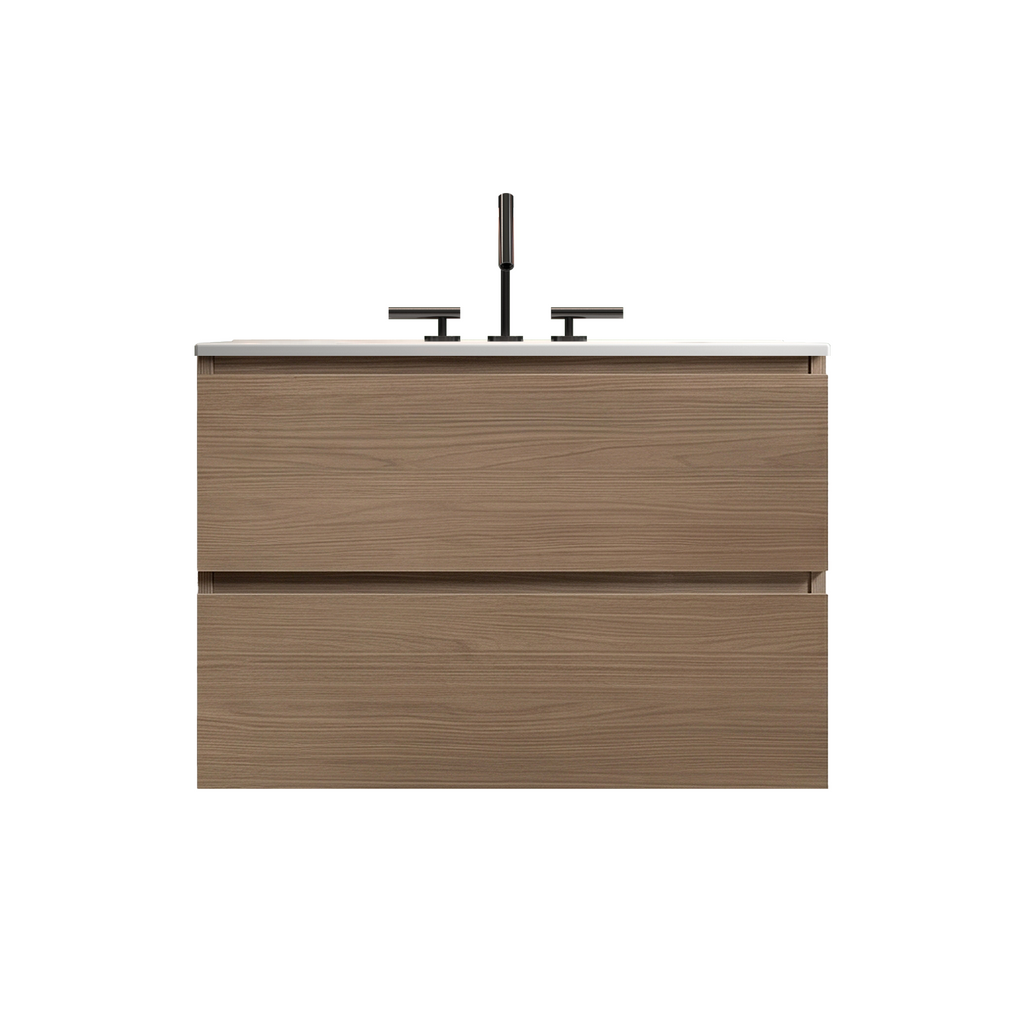 TIA Wall Mount 30" Walnut Brown Bathroom Vanity with Ceramic Sink