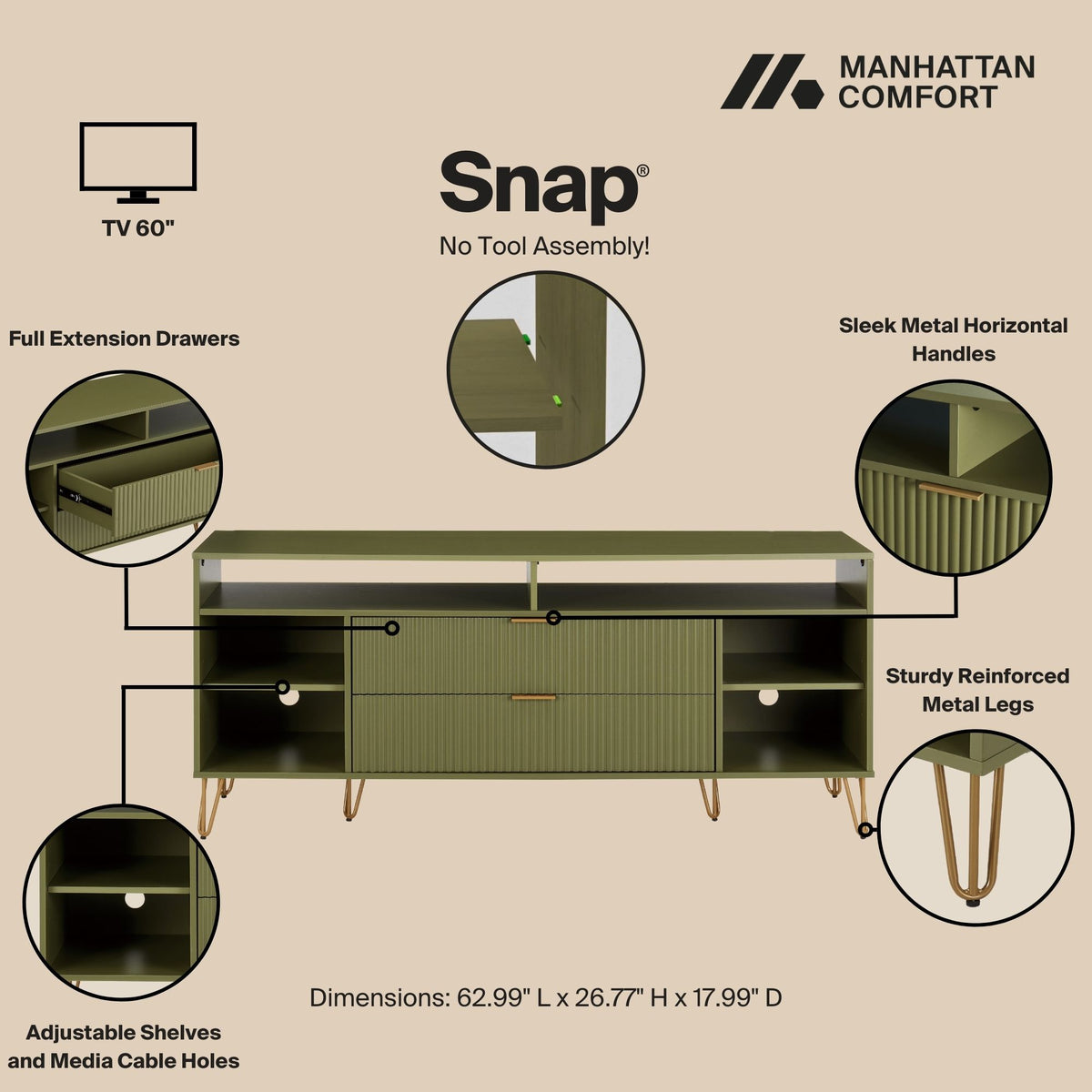 Dumbo 63" Fluted TV Stand in Olive