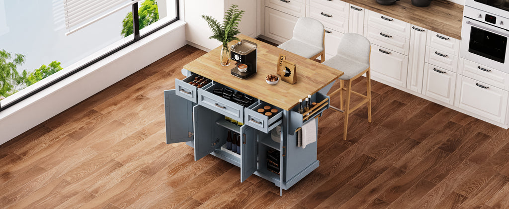 K&K 54-Inch Large Kitchen Island with Rubber Wood Drop Leaf