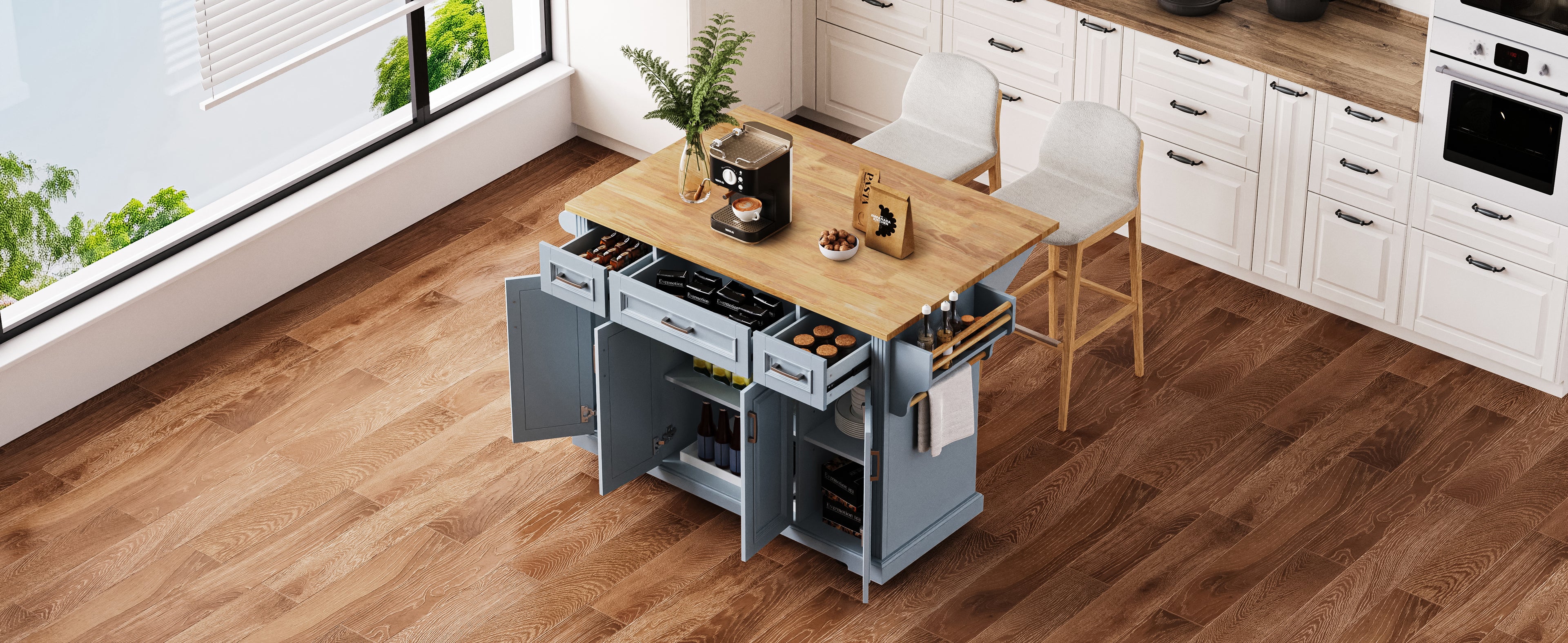 K&K 54-Inch Large Kitchen Island with Rubber Wood Drop Leaf