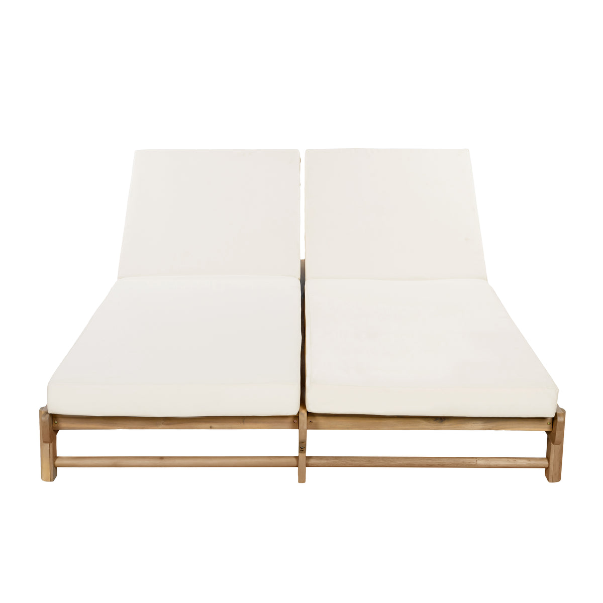 Light Teak Acacia Wood Double Chaise Lounger Set: 1 Frame + 2