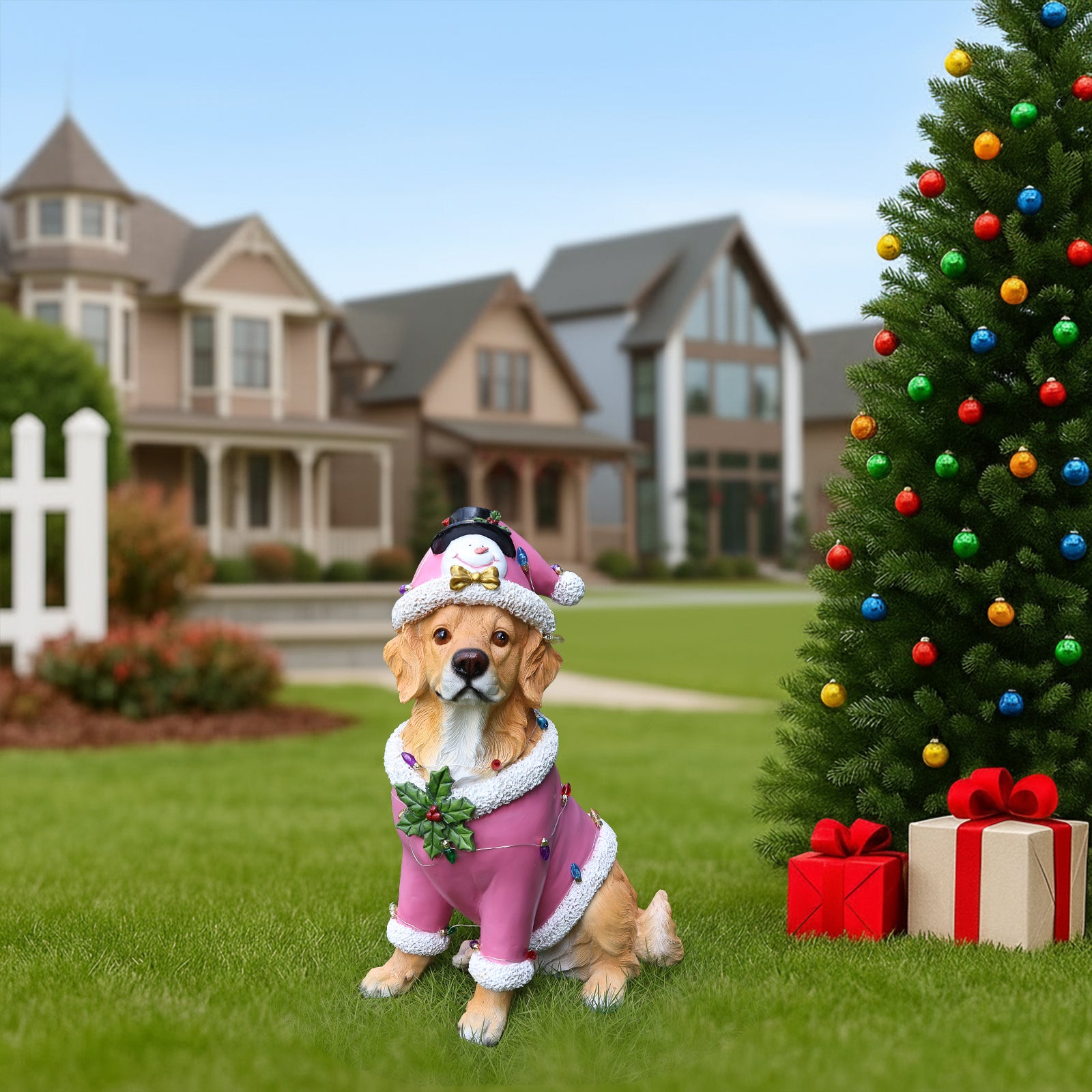Christmas Golden Retriever Statue, Holiday Dog Figurine