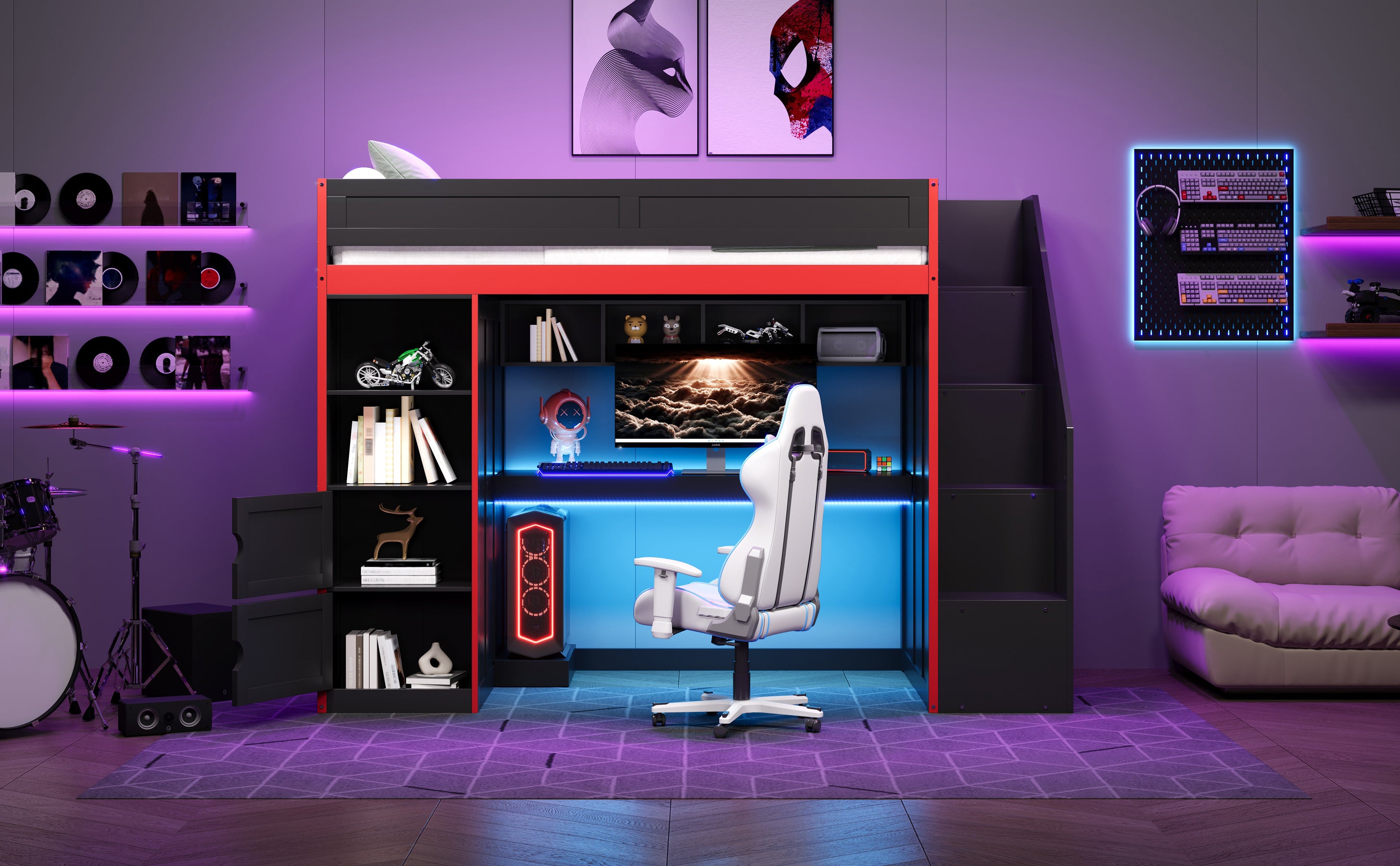 Gaming Loft Bed with Desk and Storage, LED Lights, Twin