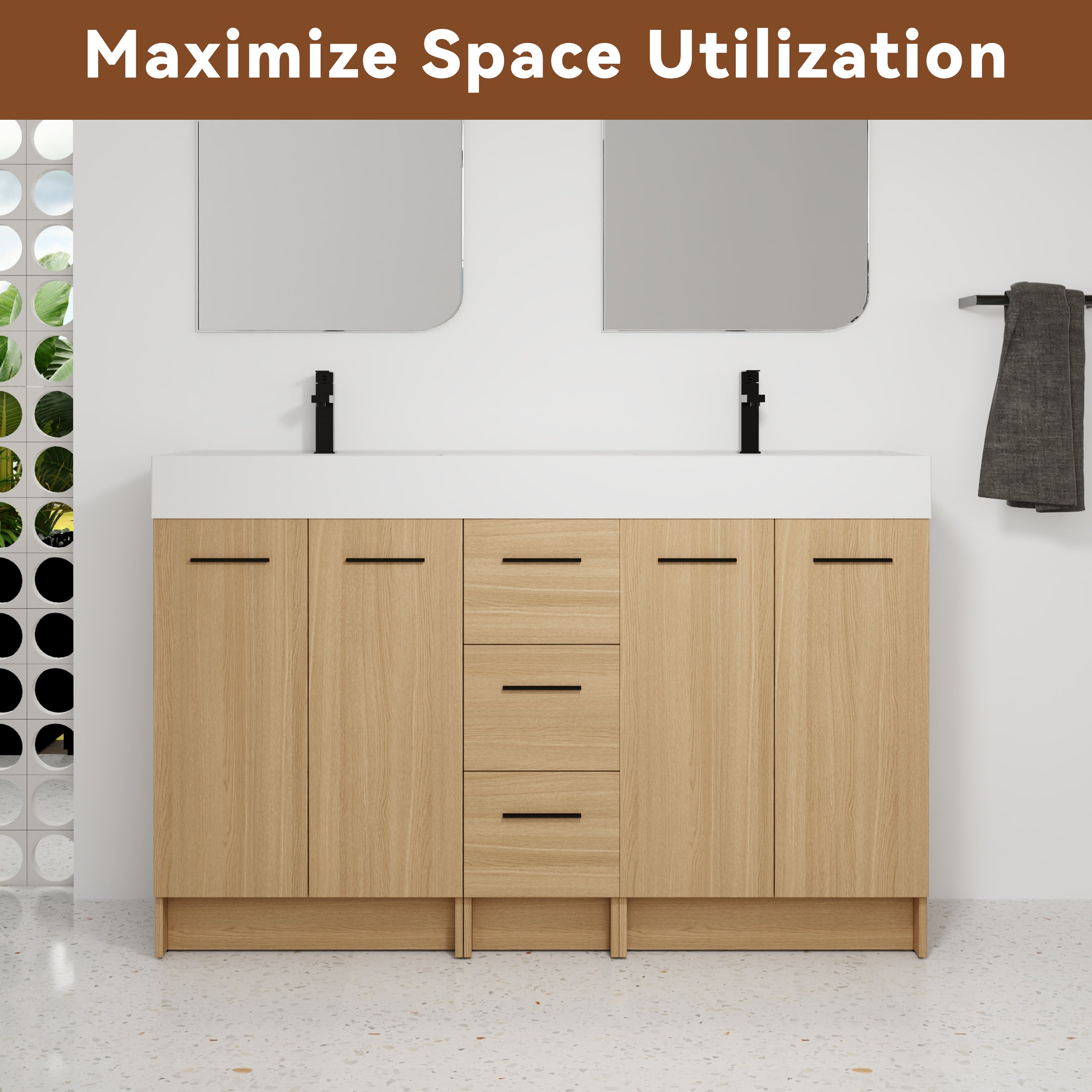 60" Double Sink Bathroom Vanity with 3 Drawers and Integrated Resin Sink