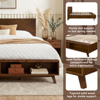 Walnut Queen Size Platform Bed Frame with Footboard Storage
