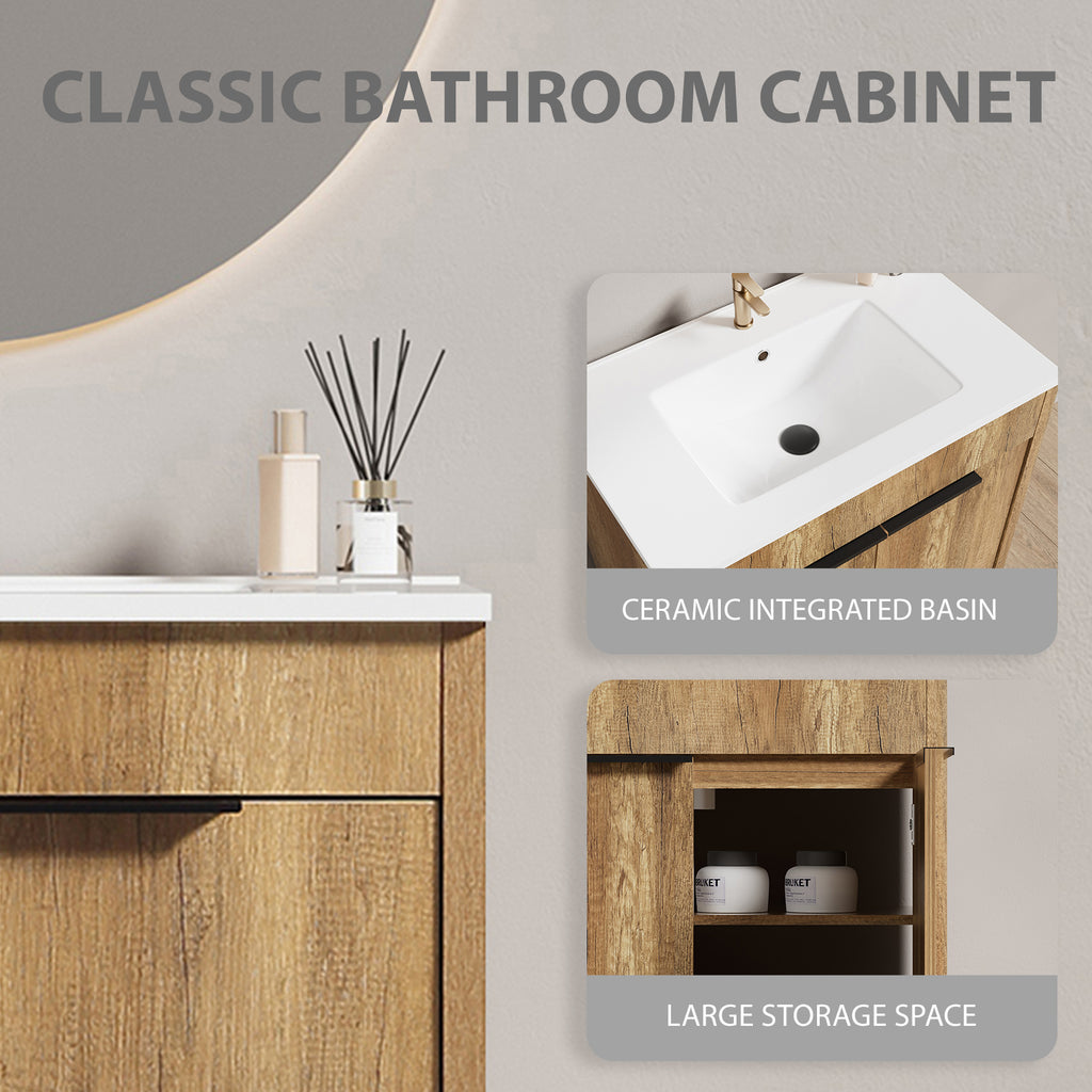 30-Inch Floor-Standing Bathroom Vanity with 3D Grooved Panel and Integrated Ceramic Sink