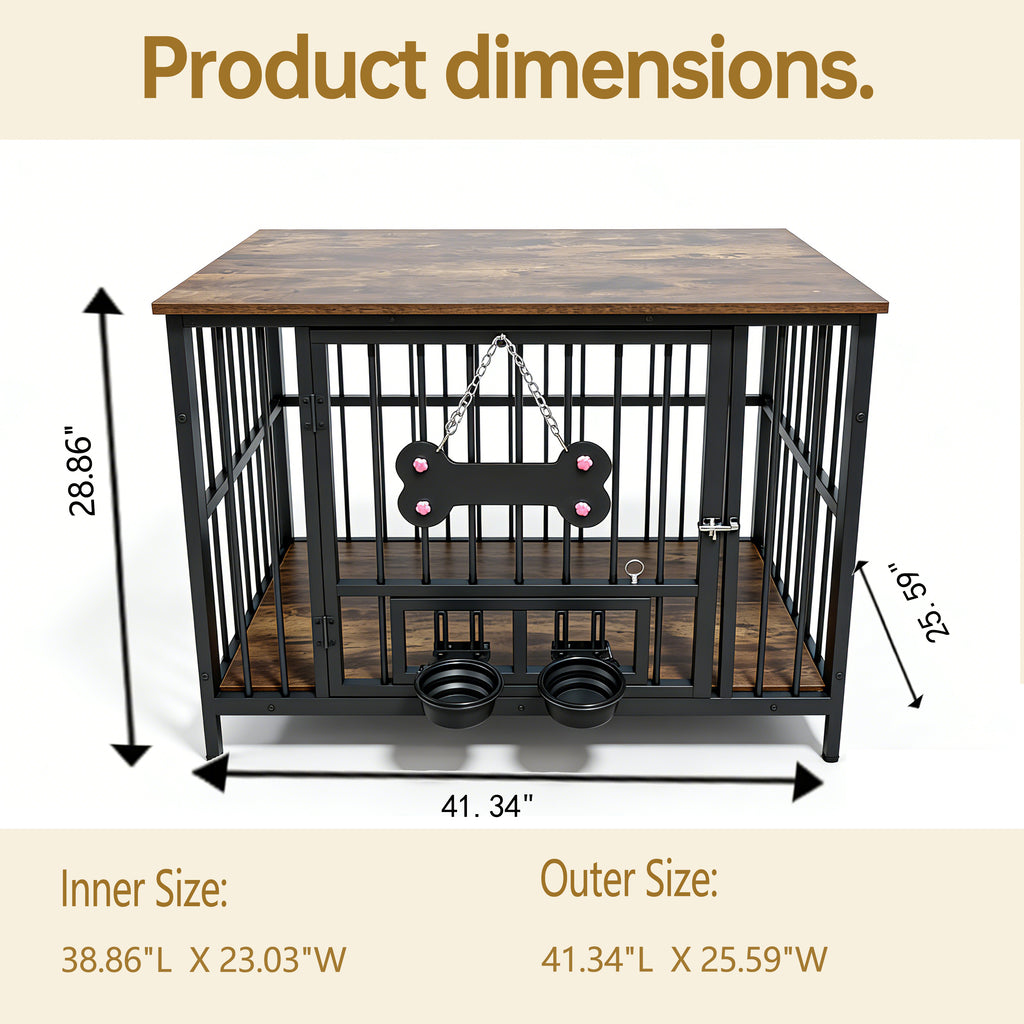 Vintage Wood Grain Dog Cage with 360 Degree Rotating Bowl