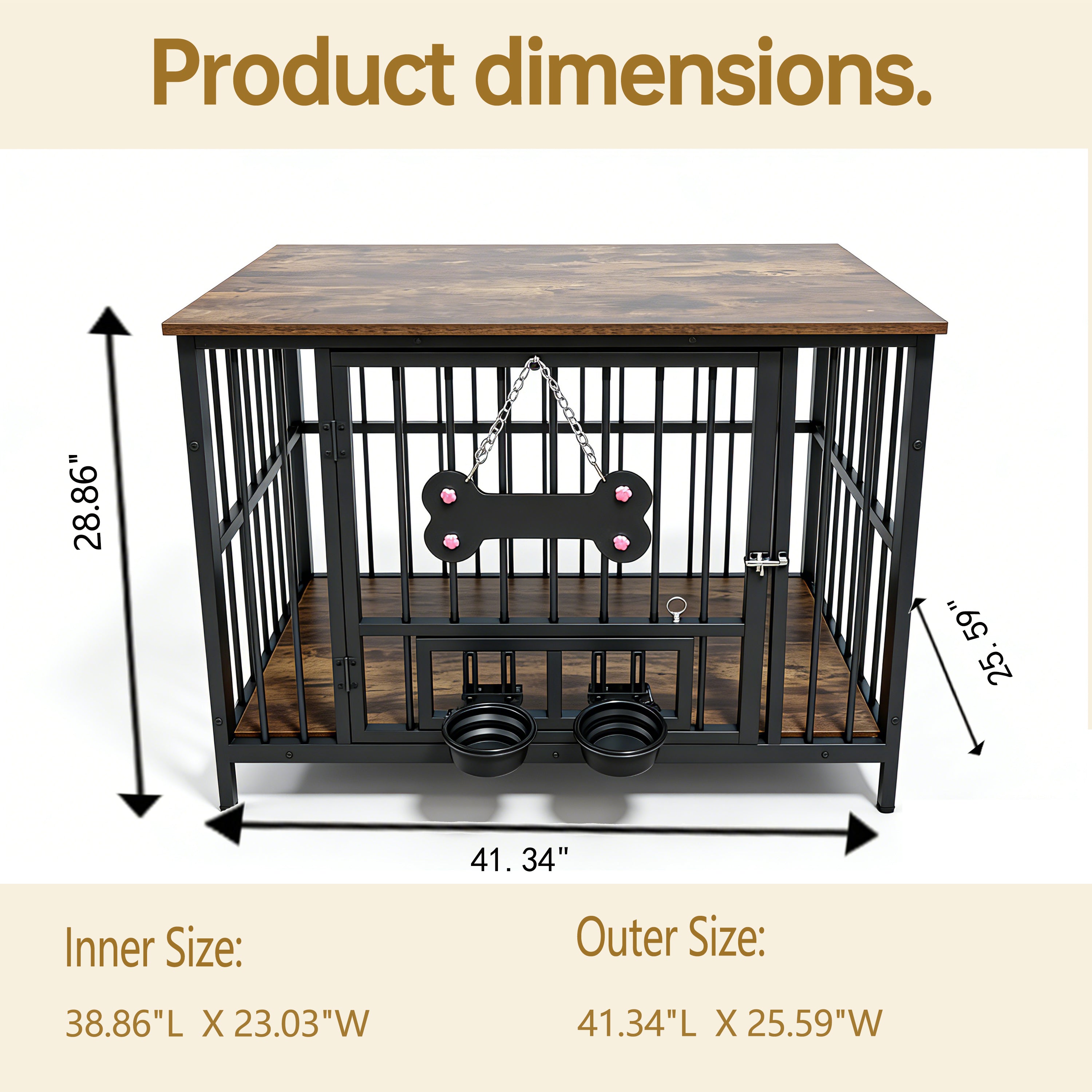 Vintage Wood Grain Dog Cage with 360 Degree Rotating Bowl