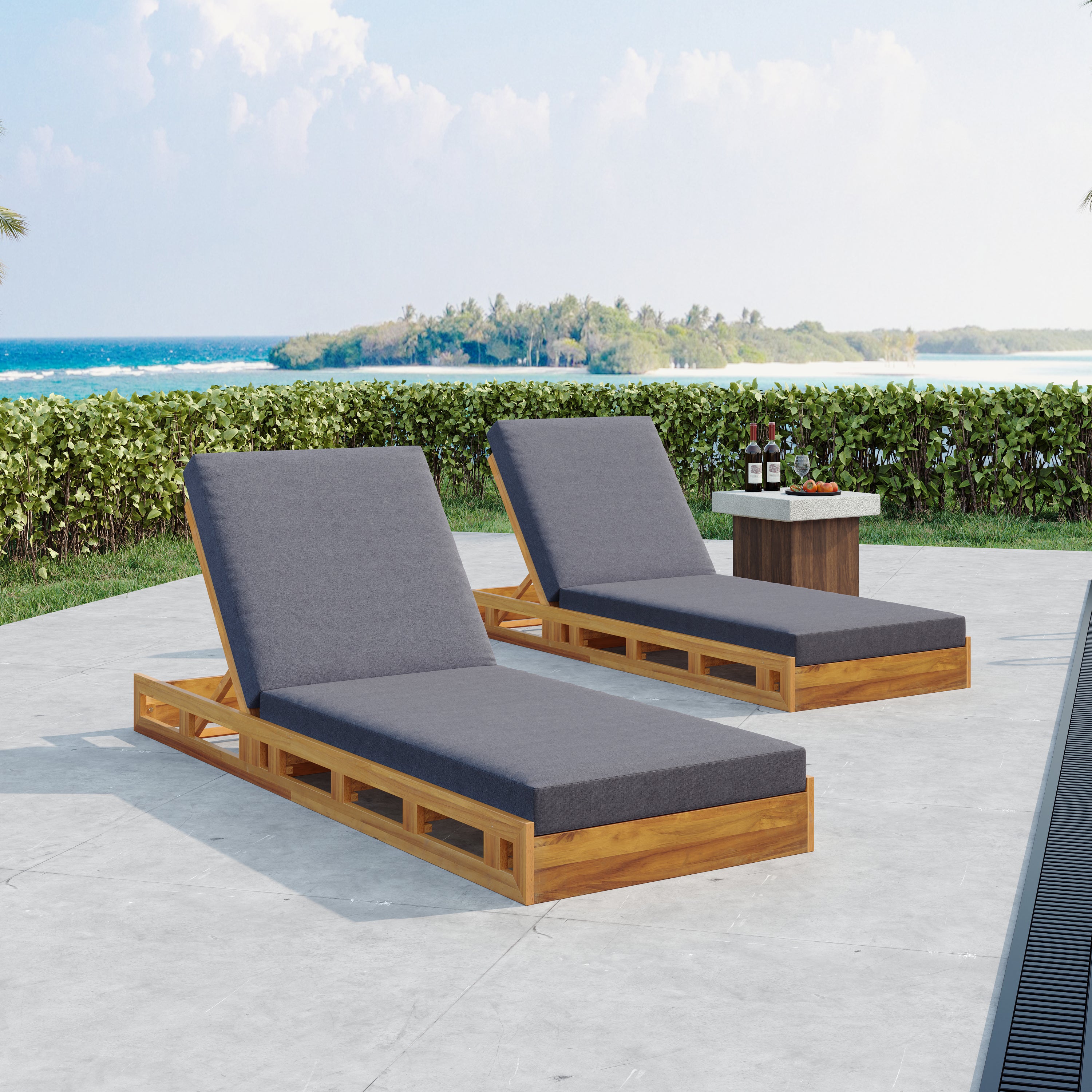 Lounge Chaise Set, Acacia Wood with Water-Resistant Lounge Cushions