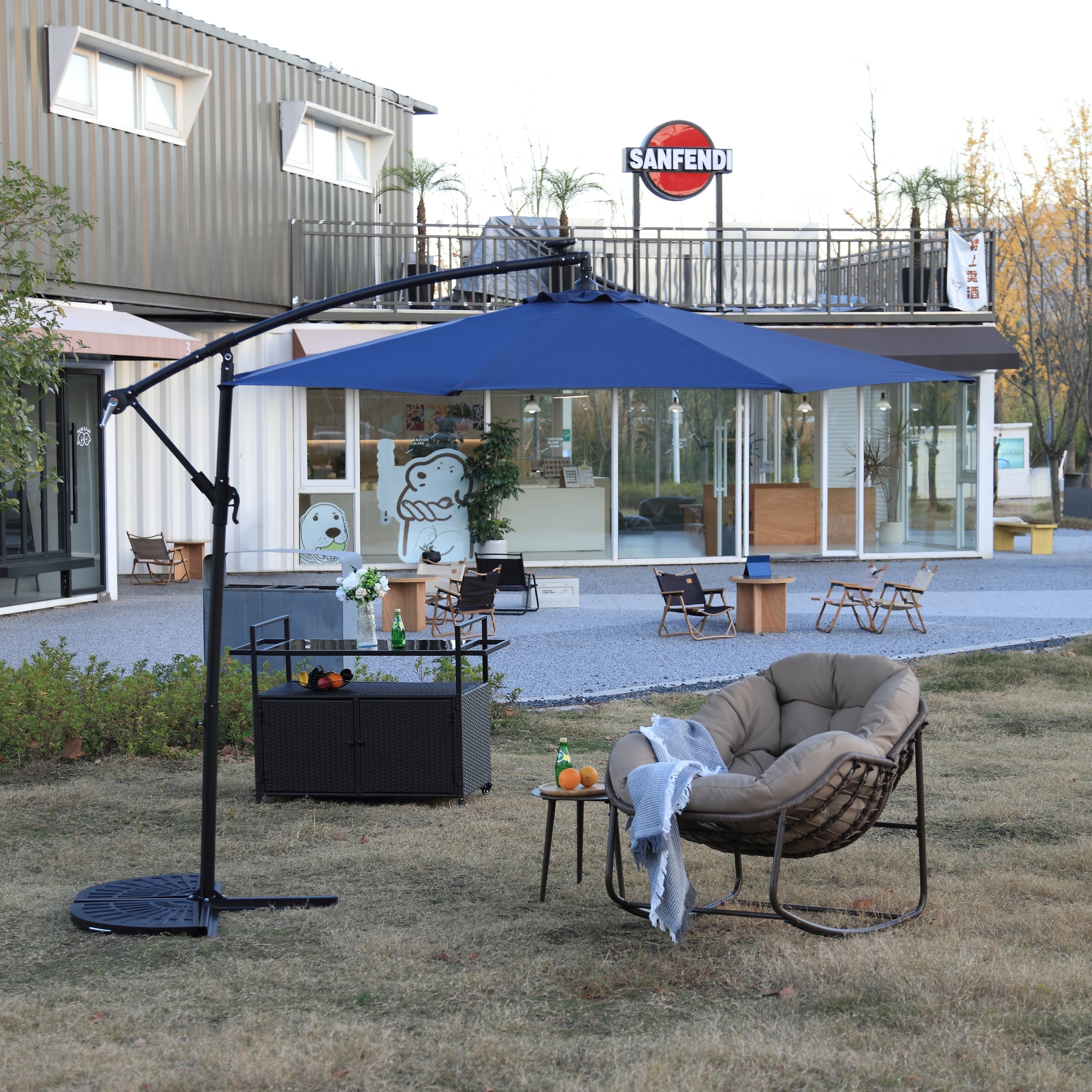 10ft Solar LED Offset Hanging Market Patio Umbrella - Navy Blue