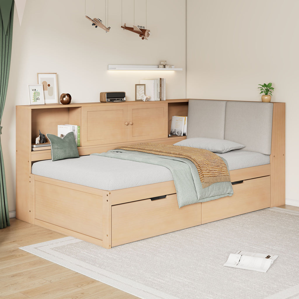 Wooden Twin Size L-shaped Daybed with Storage Bookcase