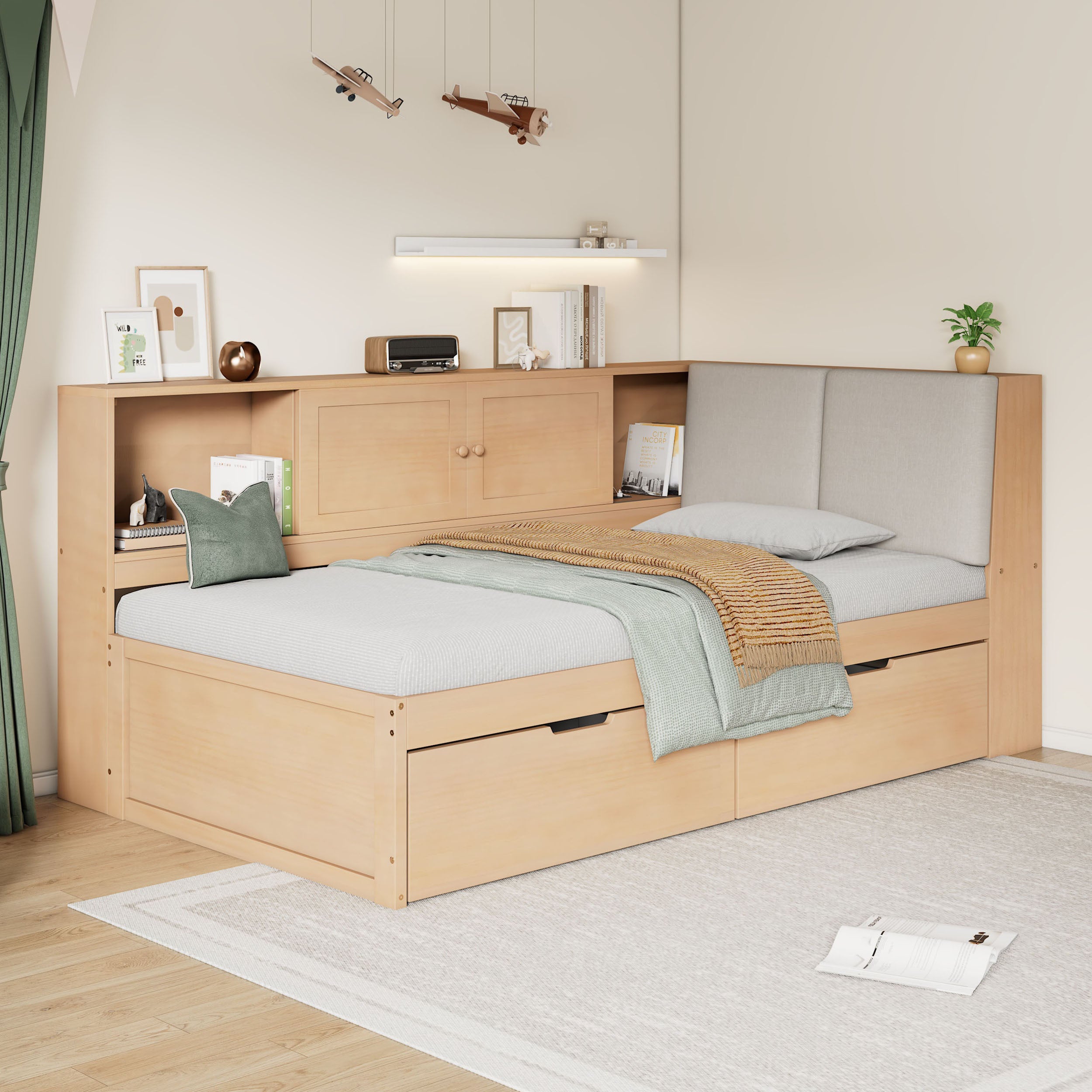 Wooden Twin Size L-shaped Daybed with Storage Bookcase