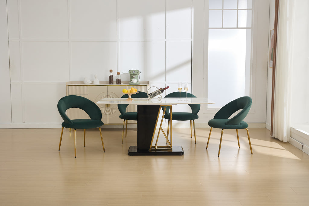 Velvet Fabric Dining Chairs With Curved Backrest and Golden Metal Legs