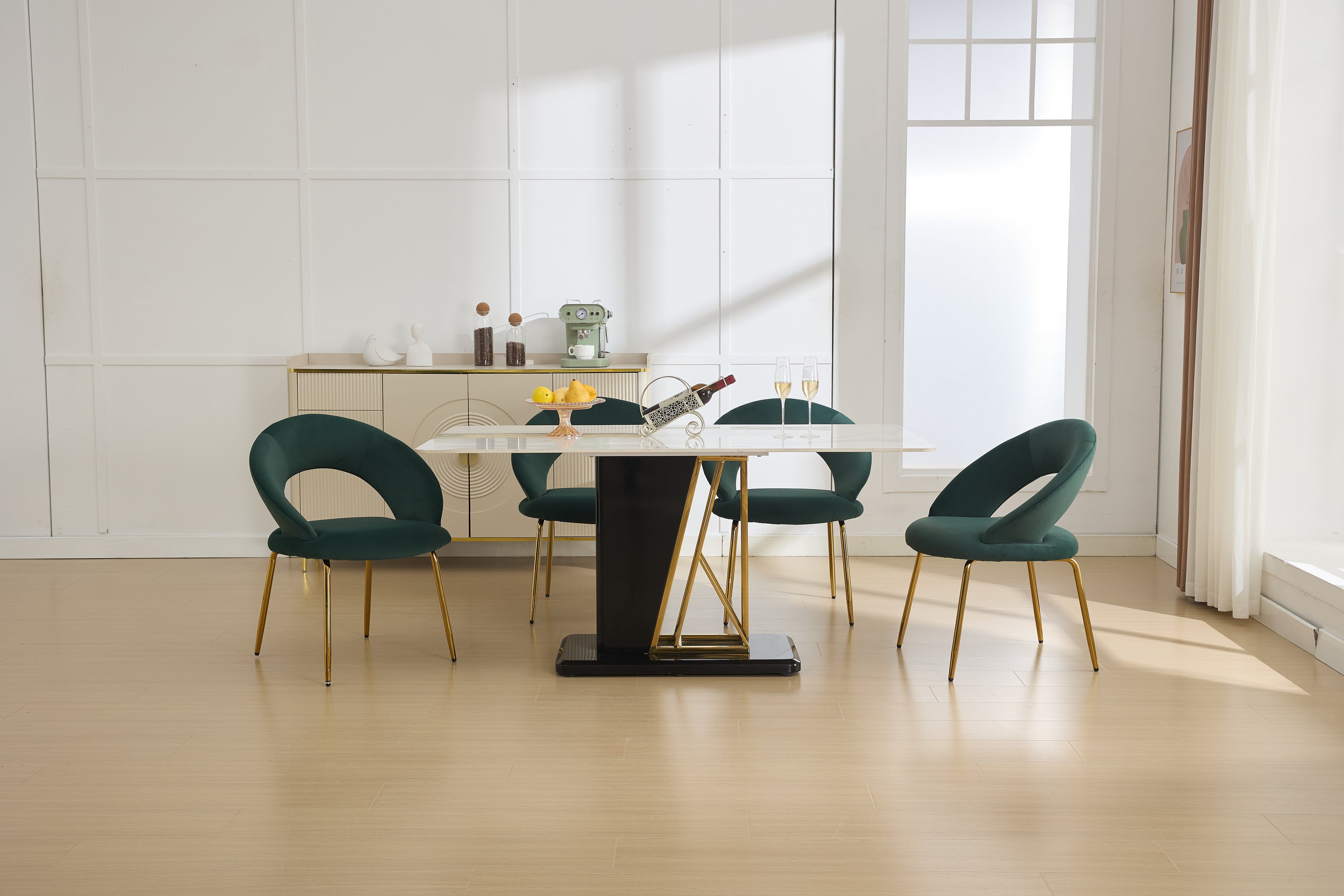 Velvet Fabric Dining Chairs With Curved Backrest and Golden Metal Legs
