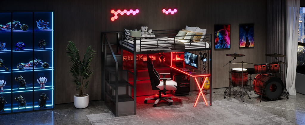 Full Size Metal Loft Bed with Built-in Work Station, Wardrobe, Storage Staircase and LED