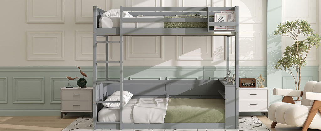 Queen Size Wooden Bunk Bed with Built-in Shelves and Storage