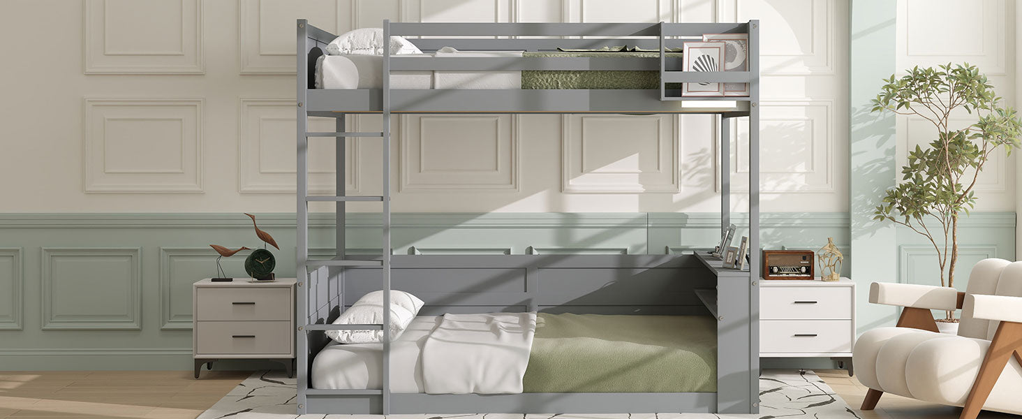 Queen Size Wooden Bunk Bed with Built-in Shelves and Storage