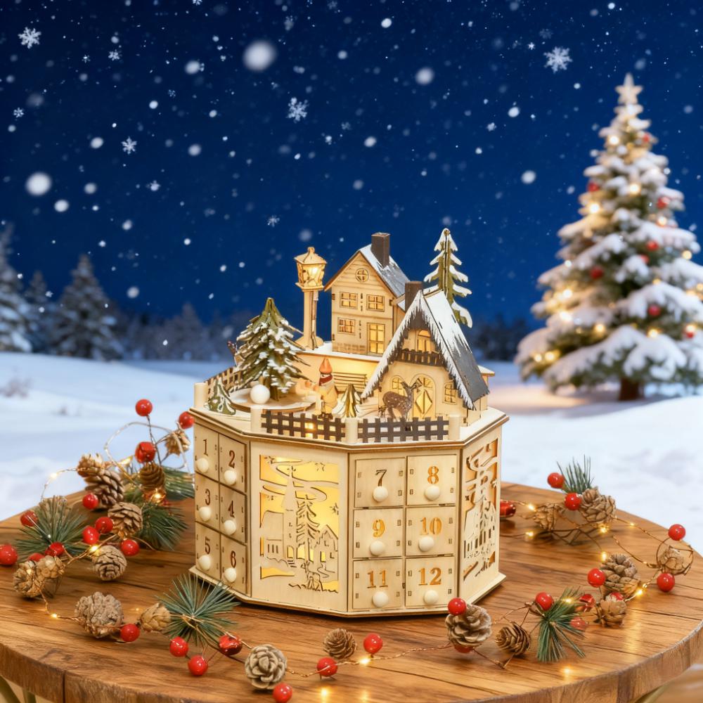 Wooden Christmas Advent Calendar with Village Scene and 24 Drawers, Natural