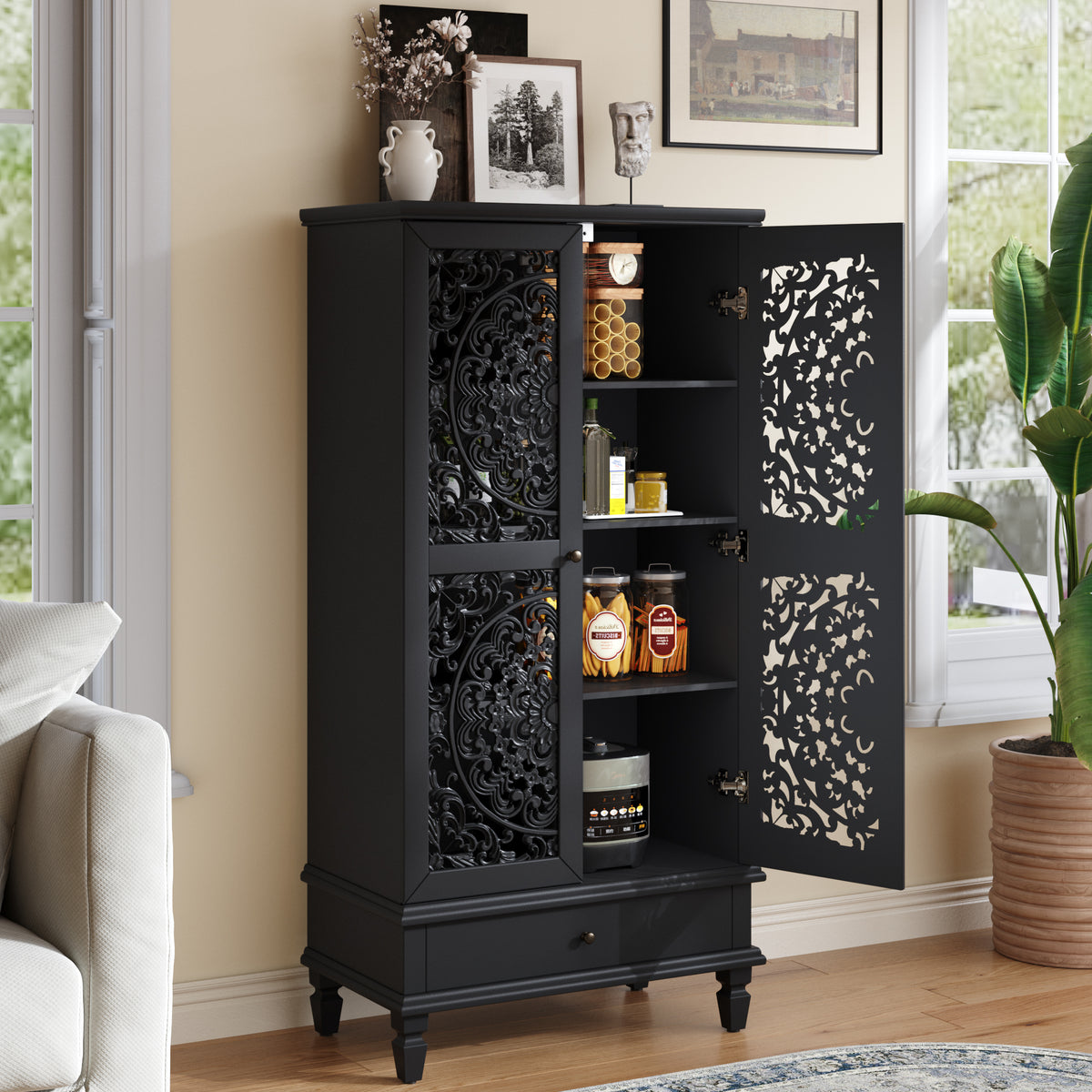 Rustic 55-Inch Tall Storage Cabinet with Drawer, Black