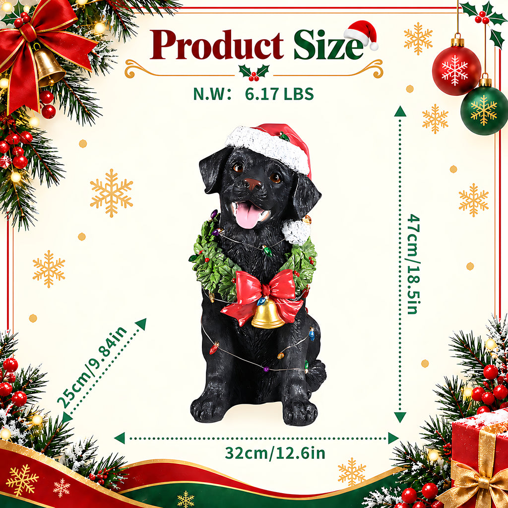 Lighted Christmas Labrador Retriever Dog Statue, Santa Hat, Black