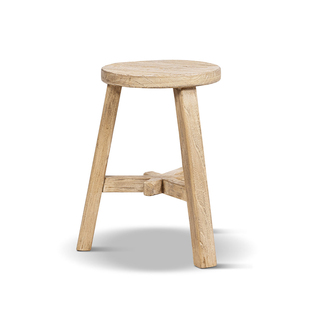 Linden Round Elm Wood Stool, 15.5-Inch, Light Natural Brown