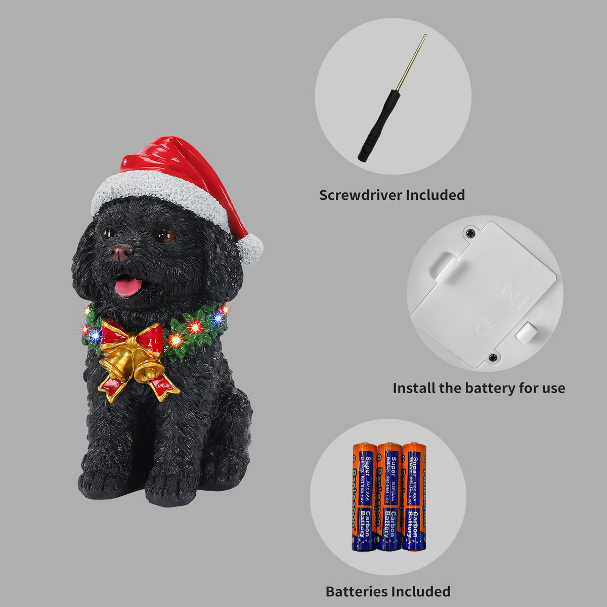 Lighted Christmas Teddy Poodle Dog Statue, Santa Hat Puppy Figurine, Black